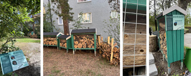 Fyra bilder på inslag av biologisk mångfald vid Skandia Fastigheters bostadshus i Nacka.