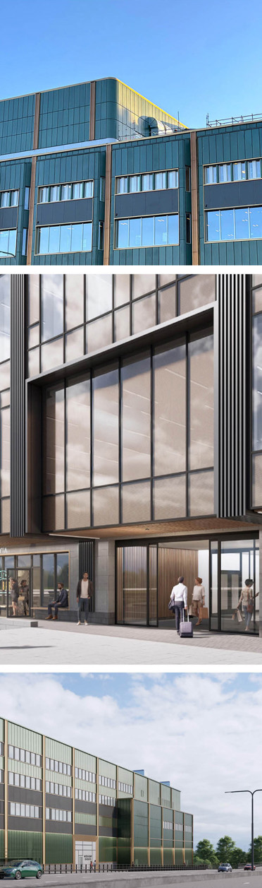 Olika vyer över fasader och entréer på Mörby Centrum