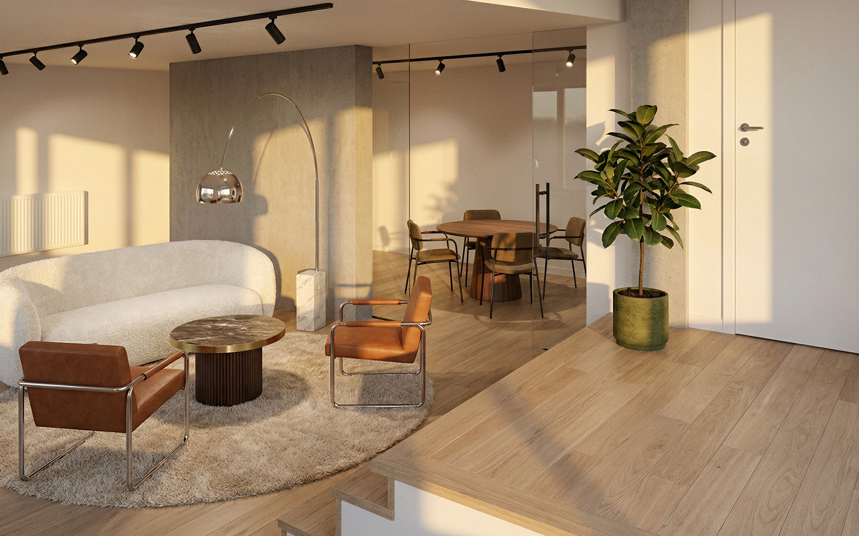 Visionsbild, lounge och mötesrum i kontor