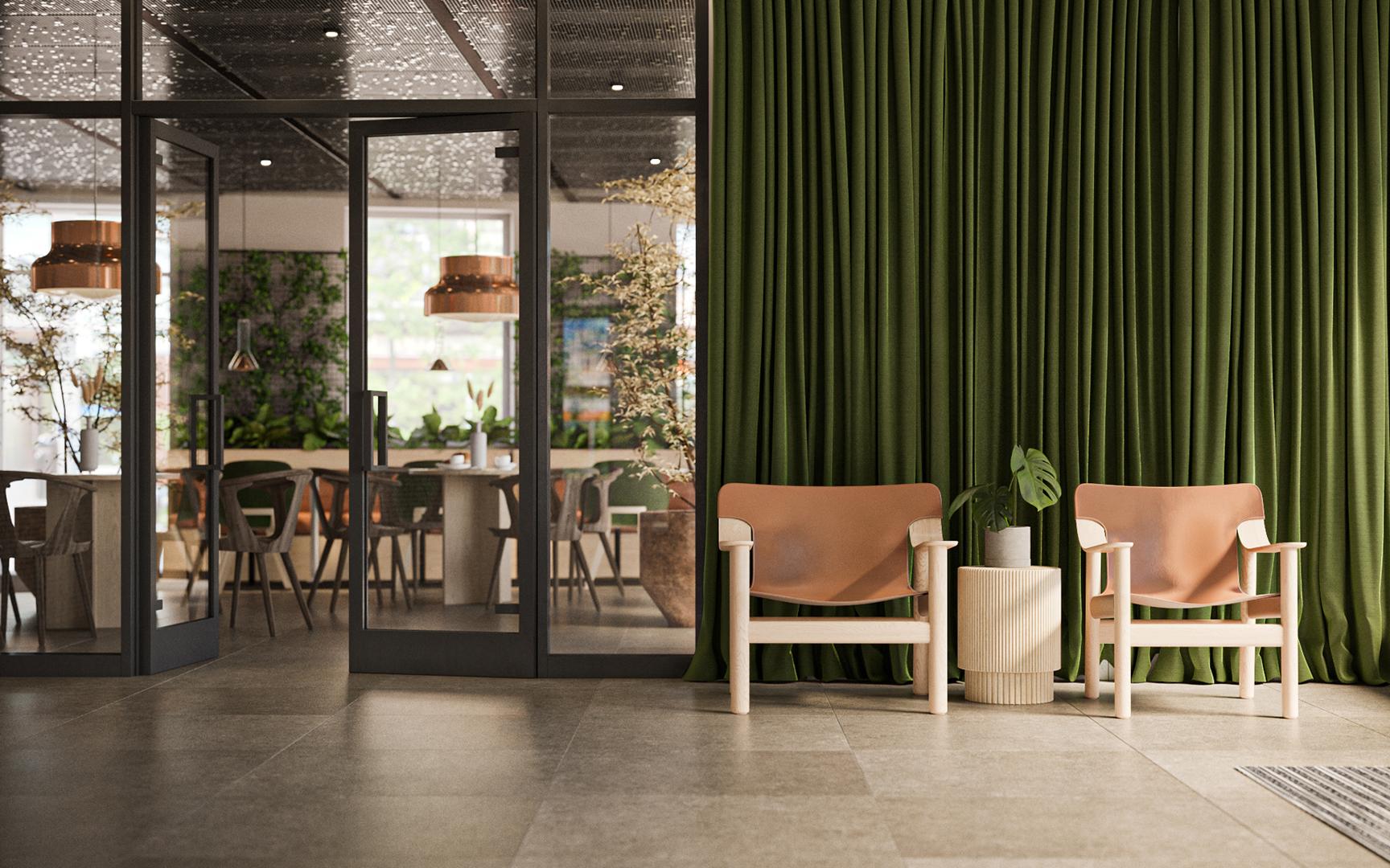 Entré och vy mot det tilltänkta cafét i markplan