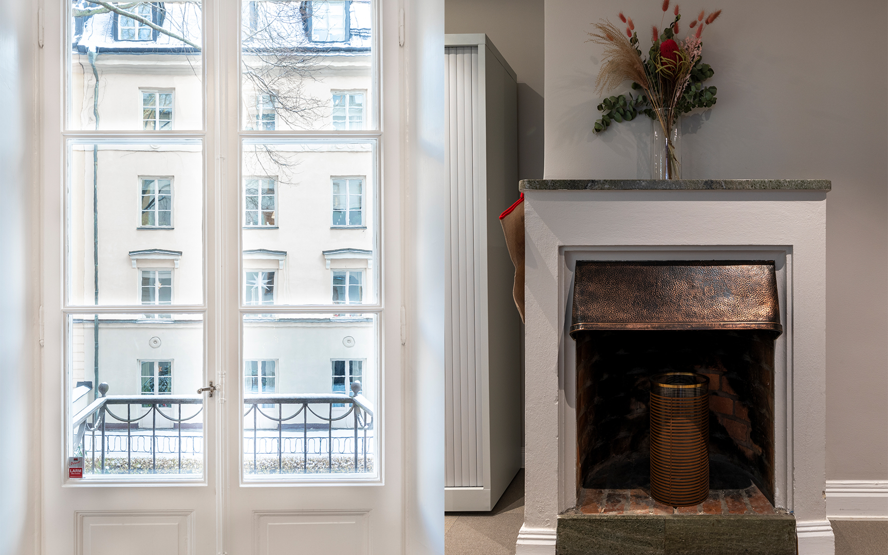 Detaljbild på balkong och öppen spis