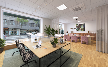 Kontorslandskap med stora fönster mot Sturegatan